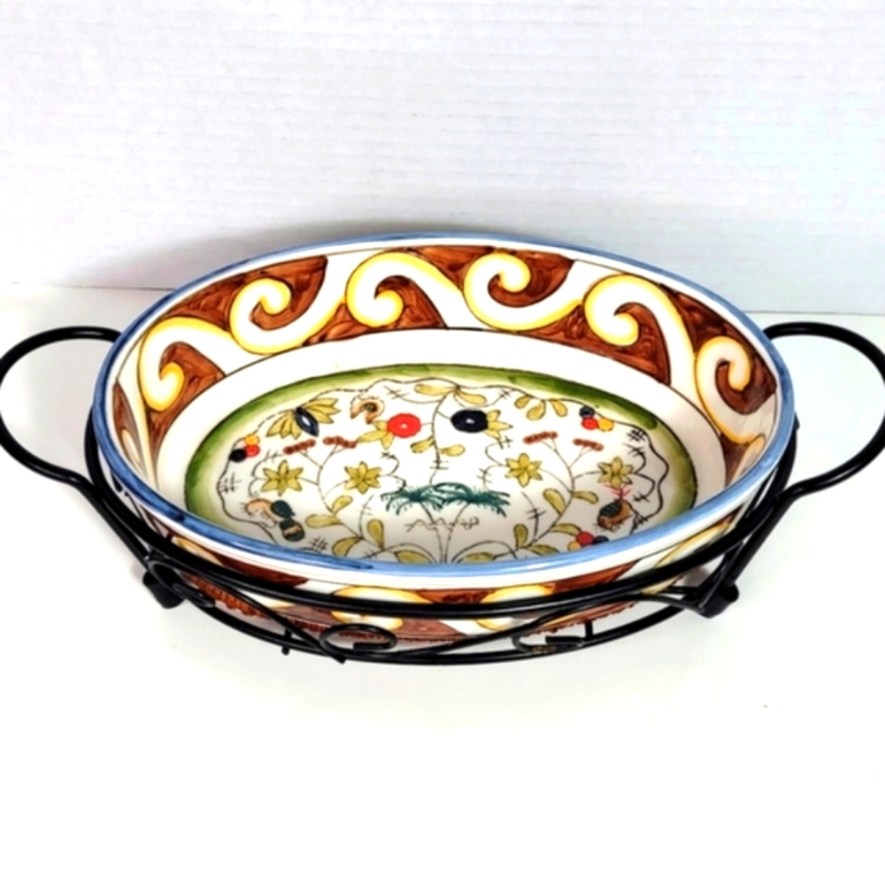 Temptations Oven to Table Beautiful Oval Dish w Metal Stand & Wicker Pad - Picture 16 of 16